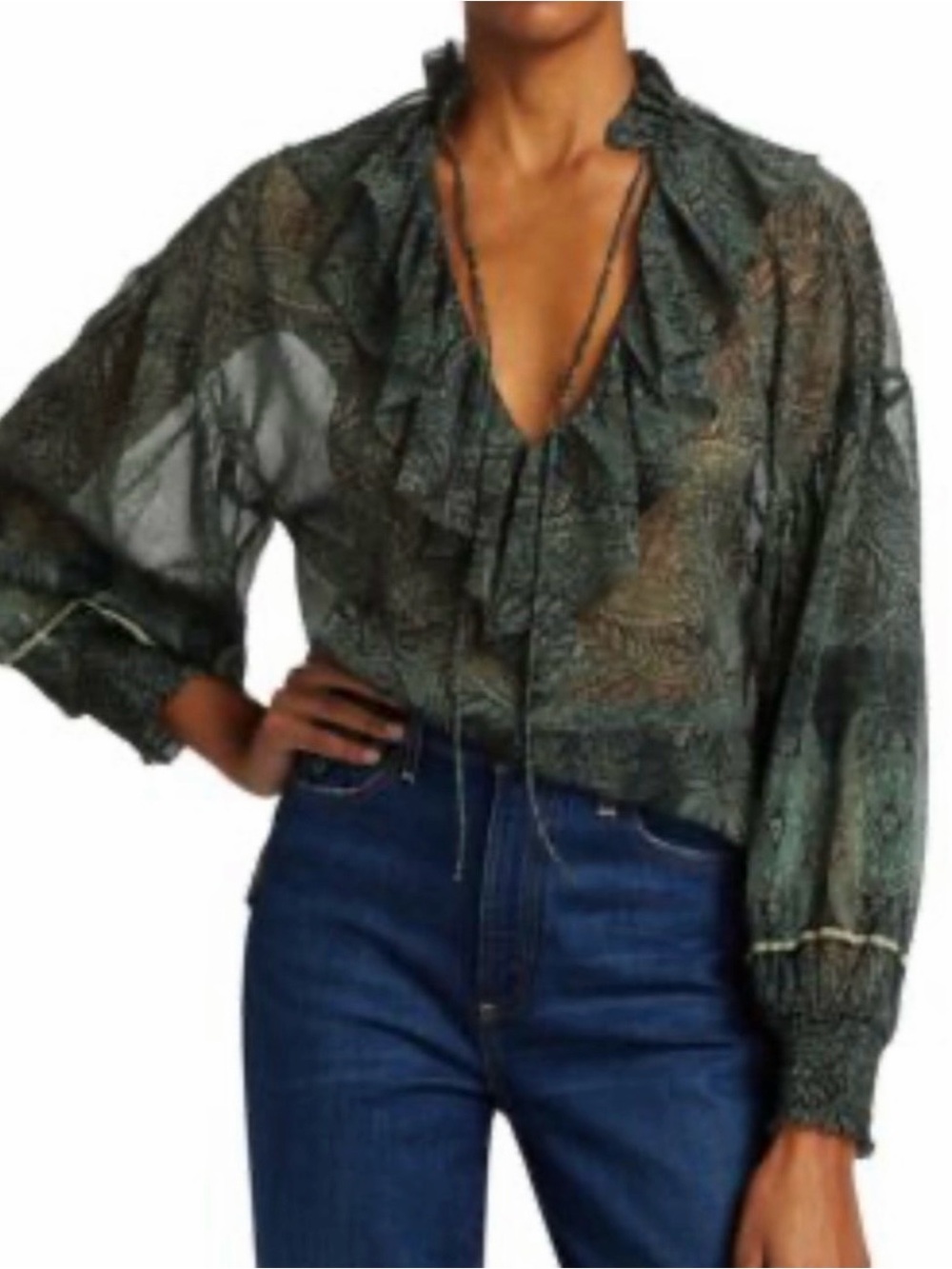 ALICE + OLIVIA Julius Ruffle Blouson-Sleeve Tunic Top Bohemia Multi Chiffon